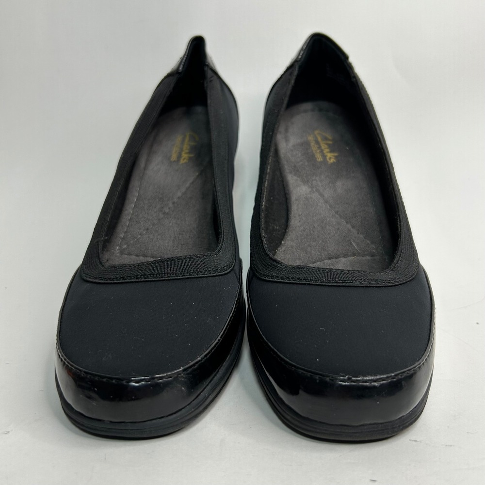 Clarks Bendables Womens Black Textile Patent Wedge Pumps 67116 Size 8.5M Comfort - Picture 4 of 8